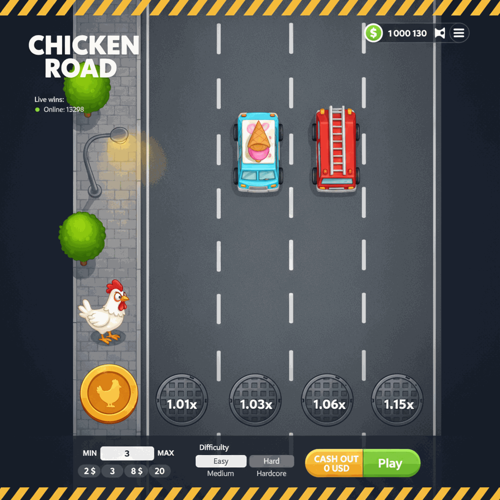 Schermata di gioco Chicken Road di InOut che mostra un pollo bianco animato posizionato sul marciapiede sinistro pronto ad attraversare una strada urbana a più corsie vista dall'alto con asfalto grigio scuro delimitato da linee tratteggiate bianche verticali mentre ciascuna corsia presenta un tombino circolare metallico con valore moltiplicatore crescente da 1.01x fino a valori superiori e sullo sfondo si vedono alberi verdi stilizzati e un lampione stradale grigio con luce gialla creando un'ambientazione urbana diurna per questo gioco crash instantaneo provably fair